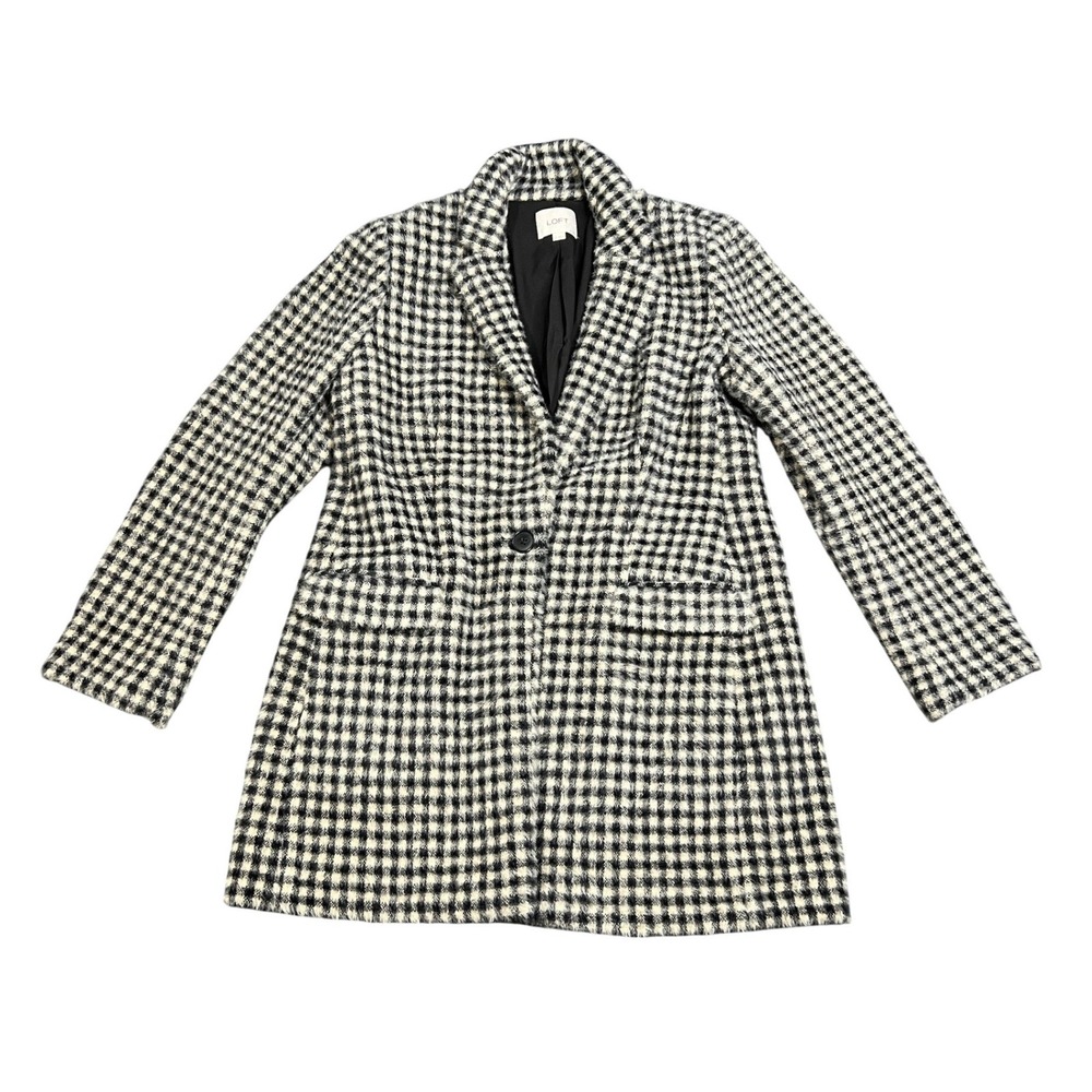 LOFT Petites‎ Women's Medium Petite (MP) Black & Cream Checked Fuzzy Coat Jacket